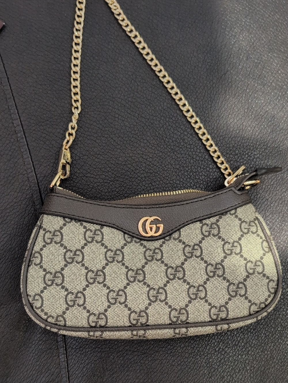 Gucci Mini GG Canvas Shoulder Bag in Beige and Black with Gold Chain